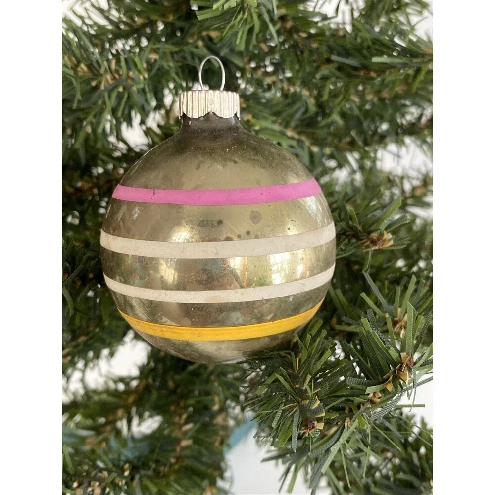 Vintage Christmas Glass Ball Ornament Striped Shiny Brite & Made USA Lot of 2